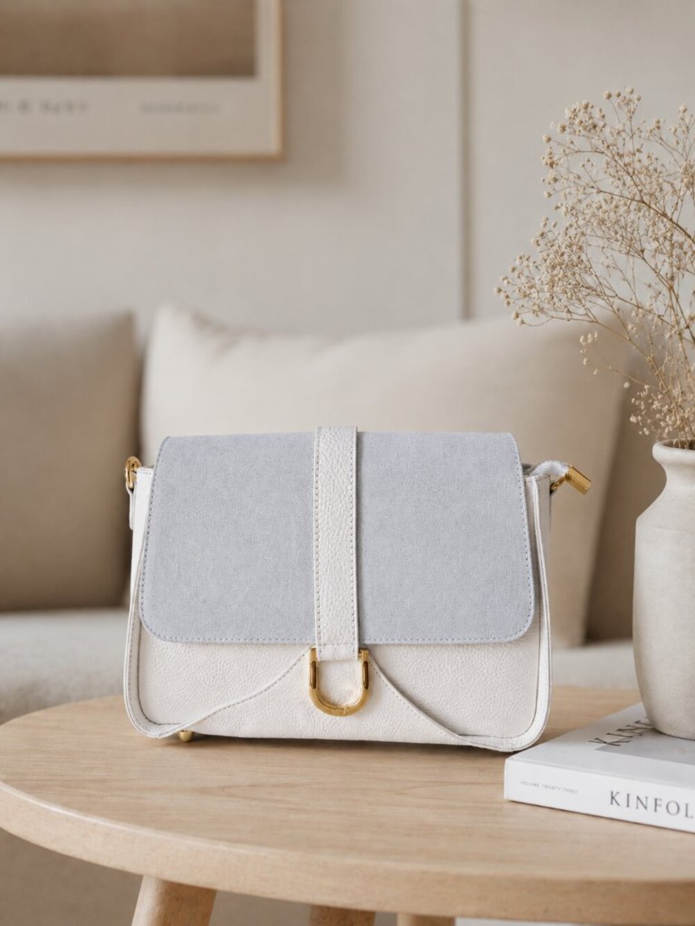 Italian Leather Two-Tone Handbag, White Ice Blue Suede Pebbled Shoulder Bag